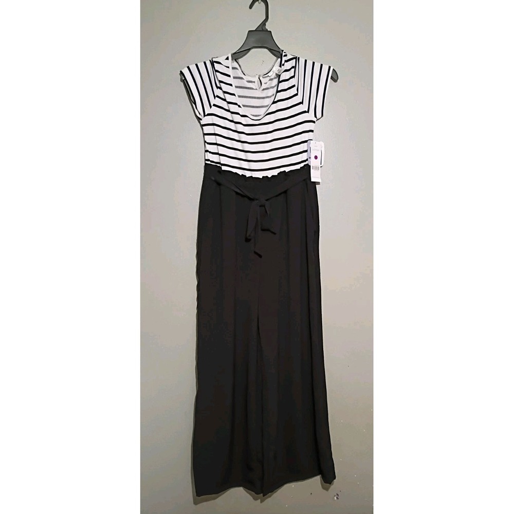 New Just Be Jumpsuit Size M Black White Stripes Back Keyhole‎ Short Sleeve